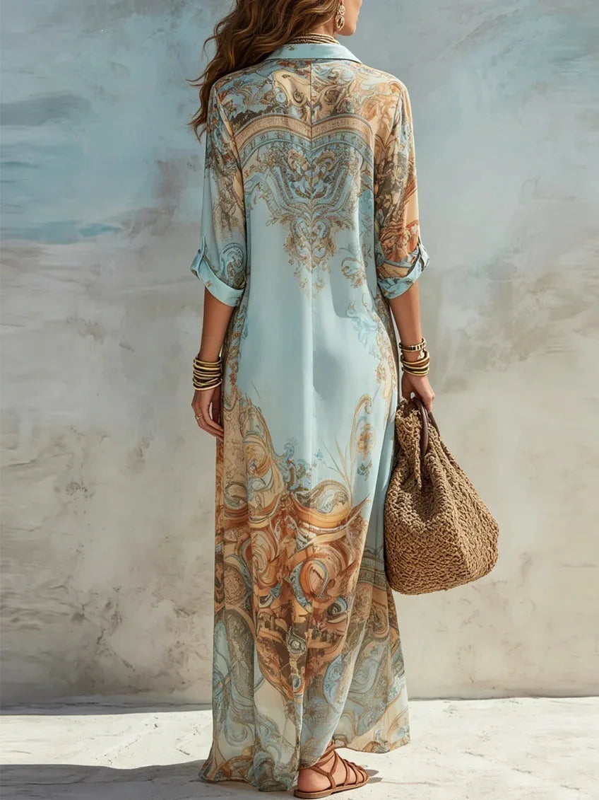 Elegant Shirt Dress for Women Chiffon Digital Print Turndown Collar Single-breasted Dresses Flowy Casual Boho Summer Clothing
