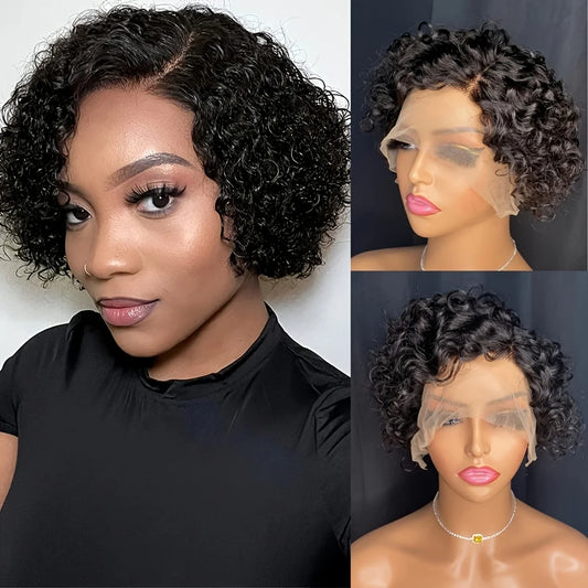 Short Curly 13x1 Lace Curly Pixie Cut Wig 180% Density Human Hair Lace Front Bob Wigs for Women Natural Color Pre Plucked 6 Inch