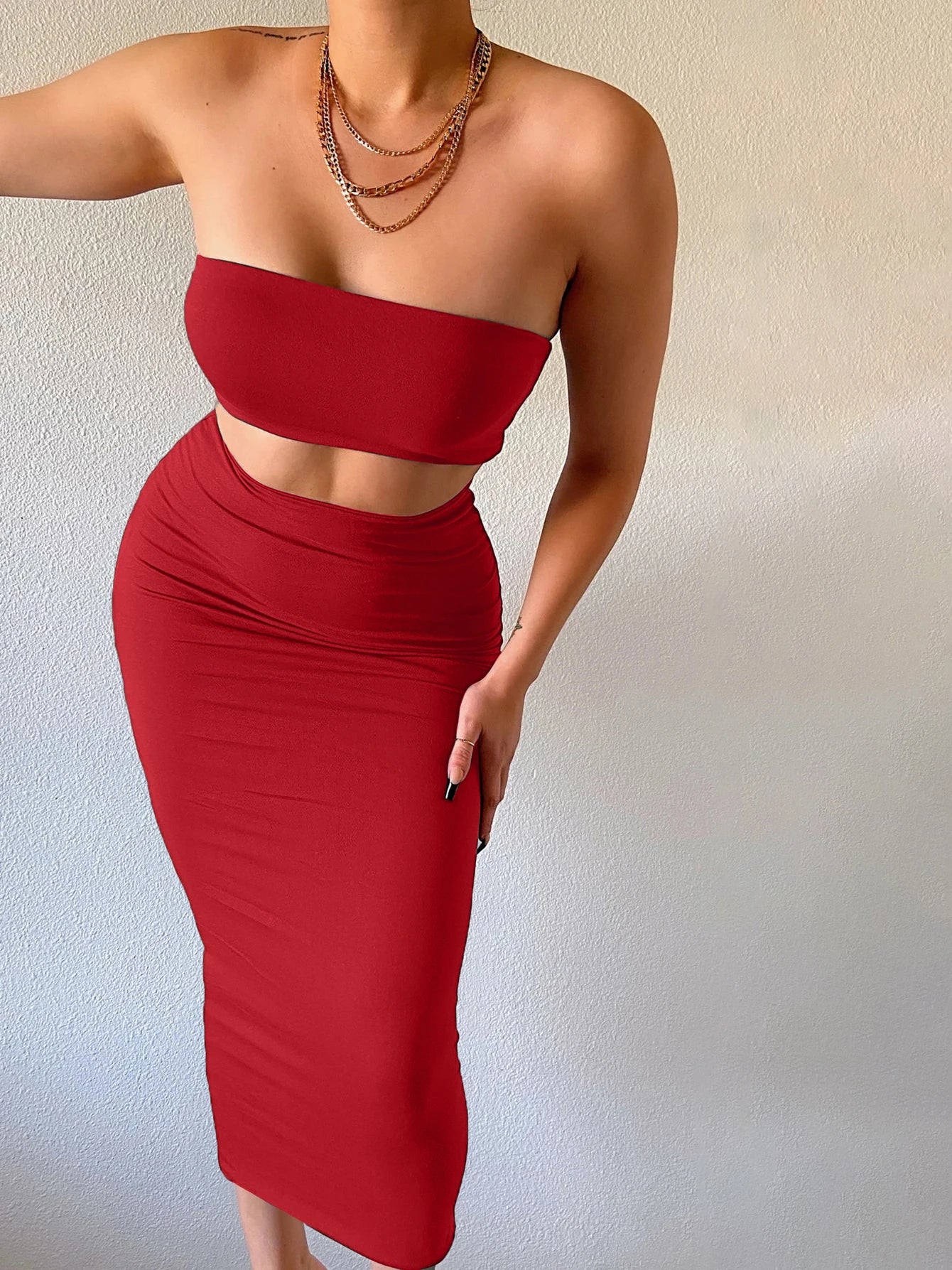 Hugcitar Women Elegant 2 Pcs Sets Strapless Sexy Tube Crop Tank Top Maxi Skirt 2025 Summer Women Casual Clothes Party Festival