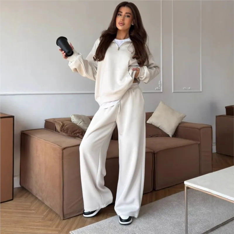 Women 2 Piece Tracksuit Solid Pocket Half Zip Sweatshirt And Jogger Pants Set Autumn Winter Pullover Casual Sports Outfits