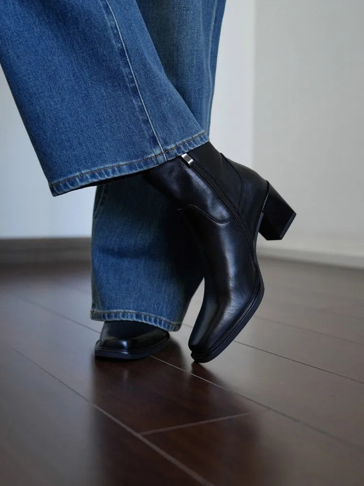 Elegant Office Ladies Chunky Heels Genuine Leather Short Boots Square Toe New Designer Shoes Women Vintage Cowhide Ankle Boots