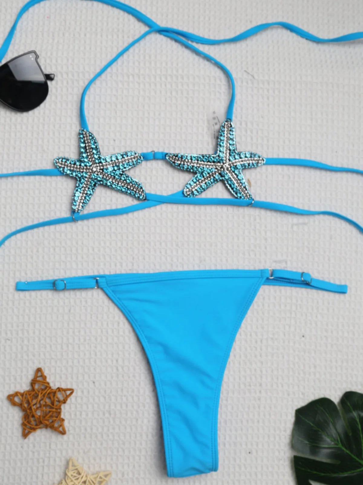 Sexy Sequin Starfish Ornament Bikini Set 2027 Women Red Hollow Bandage Cross Push Up Thong Swimsuit Beach Bathing Suit Swimwear