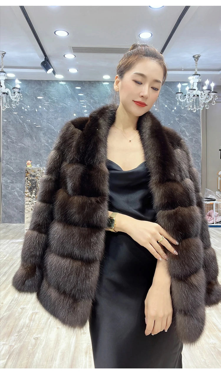 Lautaro Autumn Winter Elegant Luxury Chic Thick Warm Striped Hairy Faux Sable Fur Coat Women V Neck High Quality Fluffy Jacket