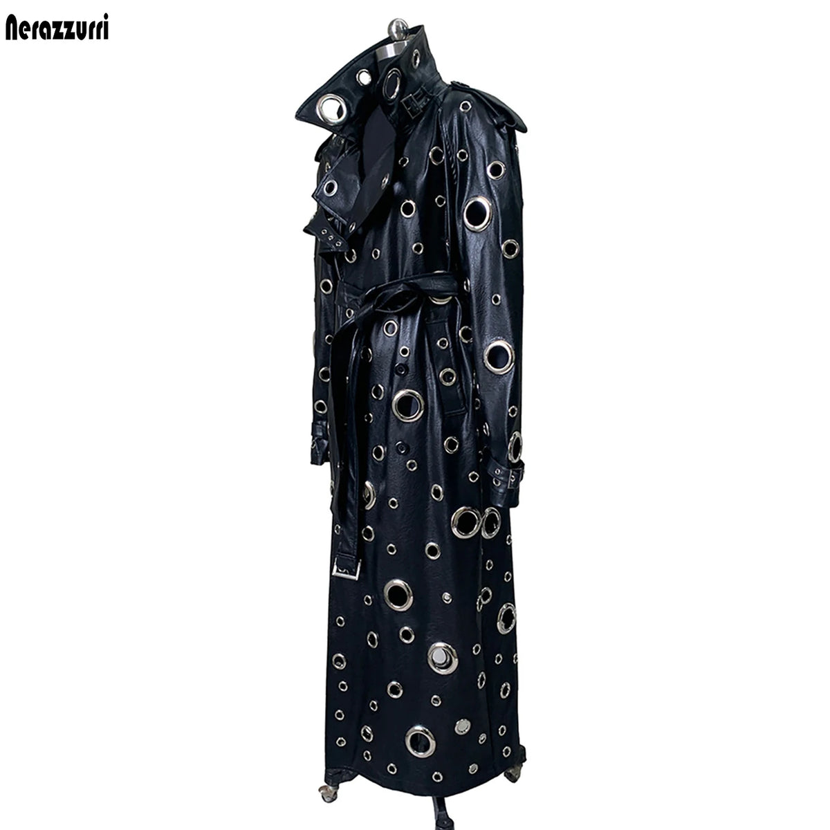 Nerazzurri Autumn Oversized Extra Long Pu Leather Trench Coat for Women Holes Hollow Out Luxury Designer Emo Streetwear Overcoat
