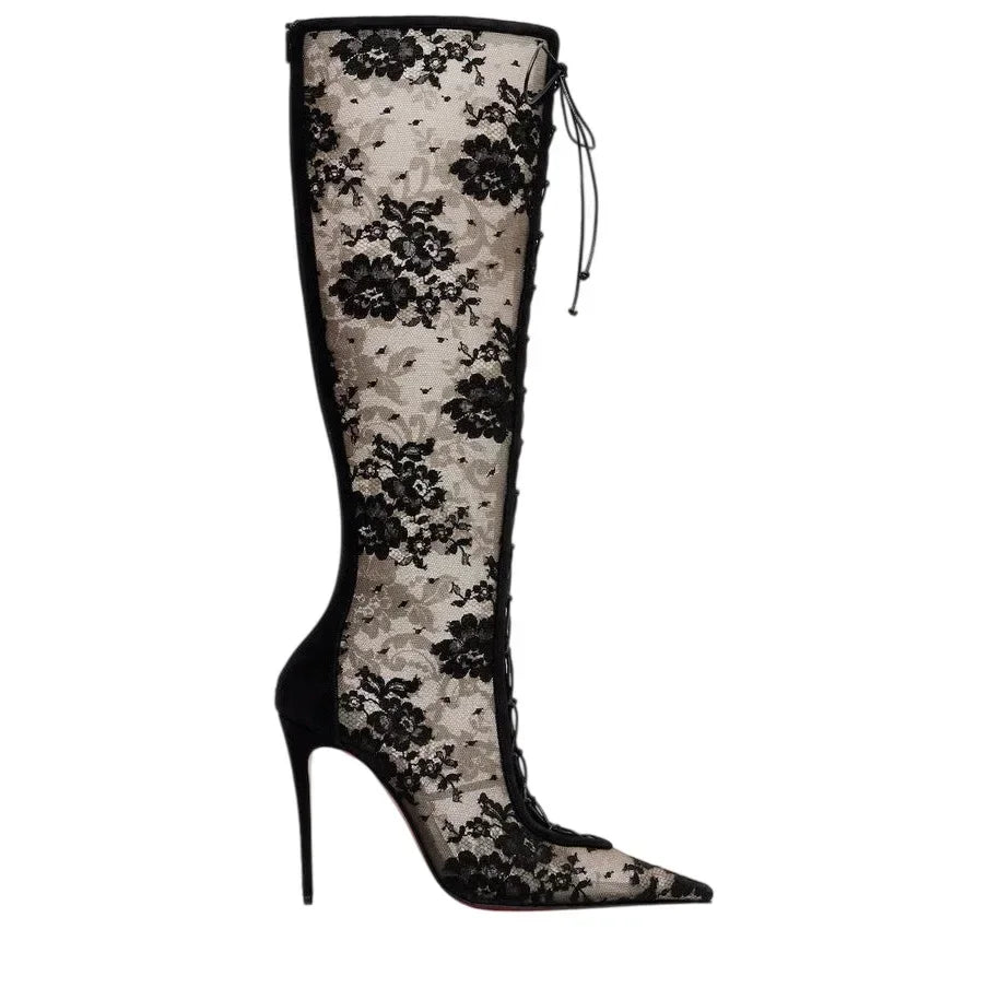 2026Spring and Summer Pointed Black Mesh Fine High Heels Knee Length Cool Boots Embroidered Lace Up Party Wedding Women's Boots