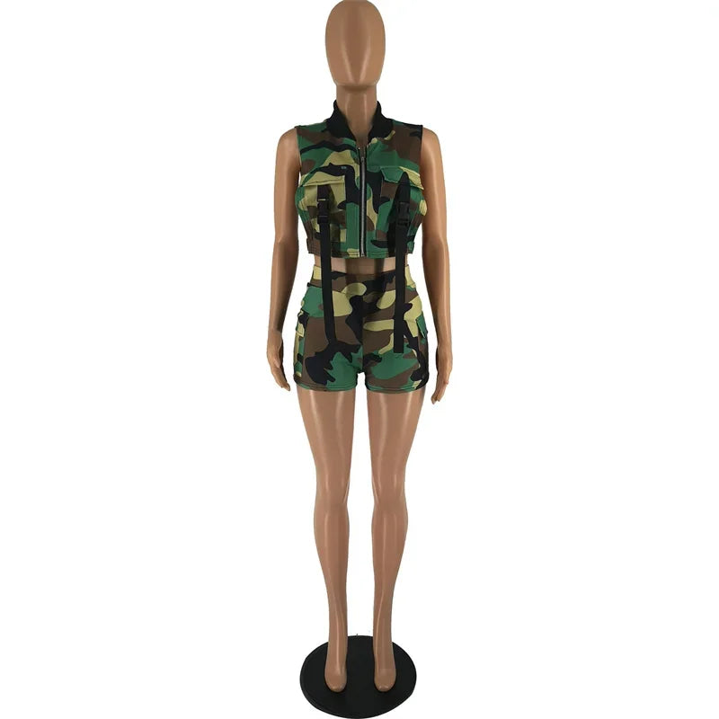 Camouflage Print Shorts Two Piece Set for Women Sleeveless Button Pockets Zipper Vest Crop Top and Shorts Matching Sets Outfits