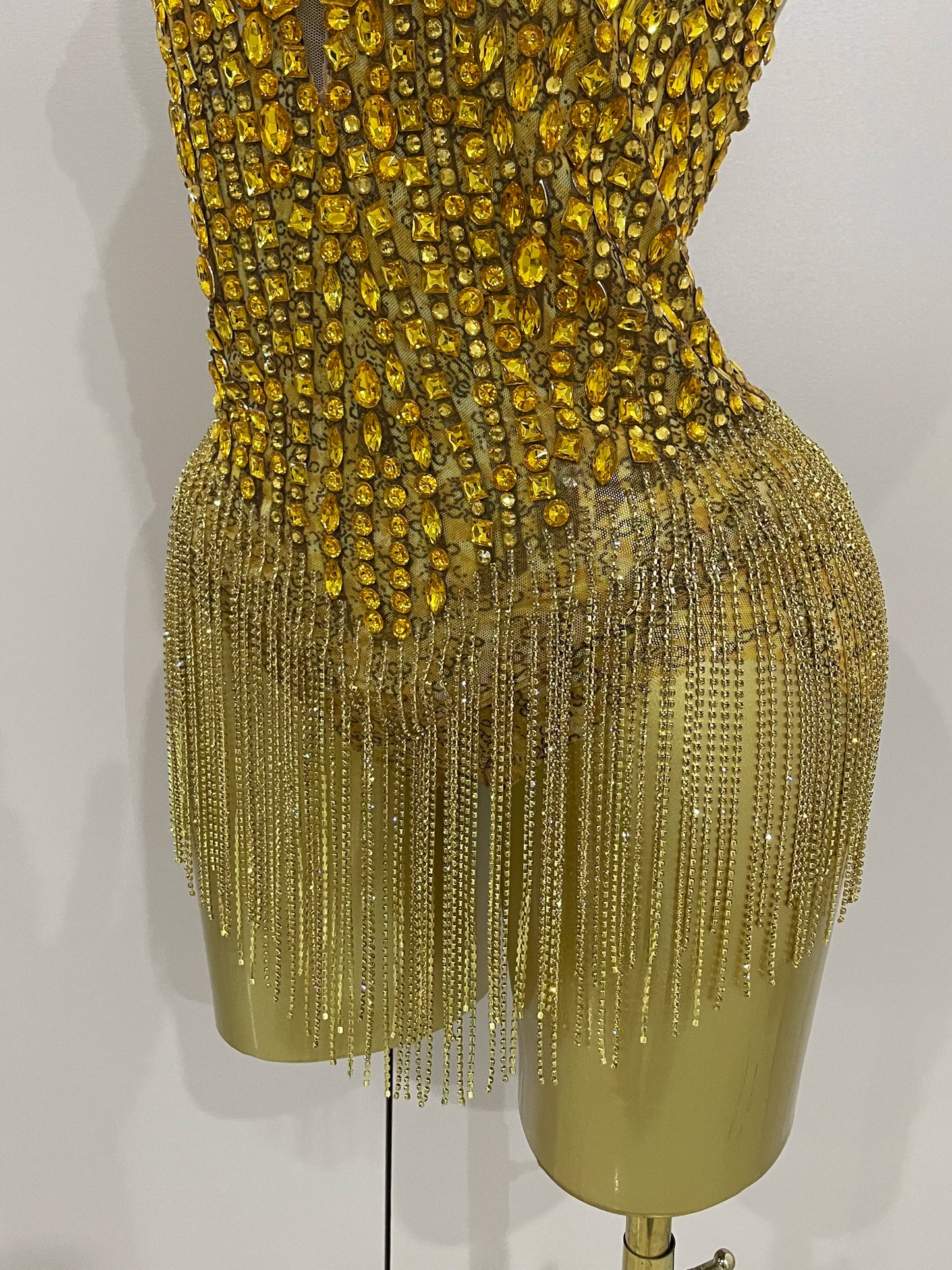 Luxury Golden Rhinestone Sexy Mesh Stretch Bodysuits Women Birthday Dancer Performance Stage Wear Nightclub Team Hotwife Outfit