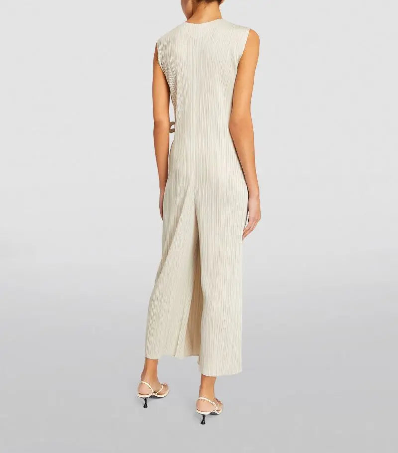 Miyake Pleated Women V-neck Sleeveless Jam Jumpsuits Designer Fashion Double Layered Waist Belt Elegant Clothes