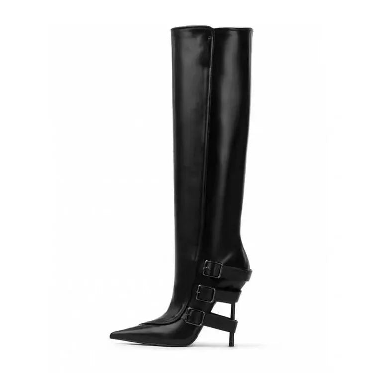 New Belt Buckle Stiletto High Heels Knee Length Boots Autumn/Winter Women's Fashion Pointed Party 34-46 Large Medium Boots