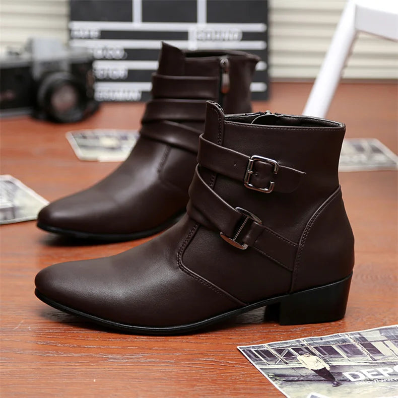 Leather Chelsea Boots Men Designer 2024 White Dress Boots Men Casual High top Buckle Strap Formal Shoes Men Motorcycle Boots