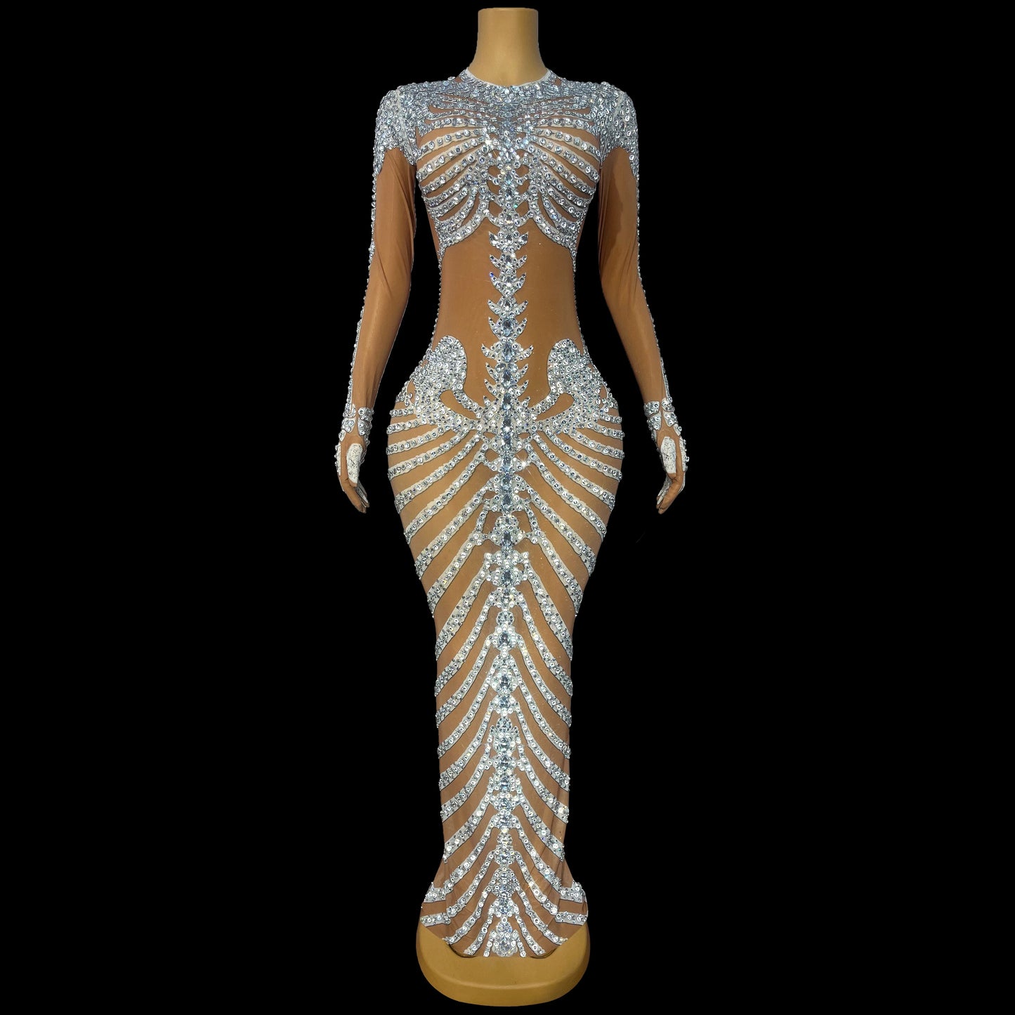 Fashion Skeleton Pattern Designed Shining Rhinestones Mesh Dress Women Halloween Party Celebrate Show Stage Outfit Kulouwang