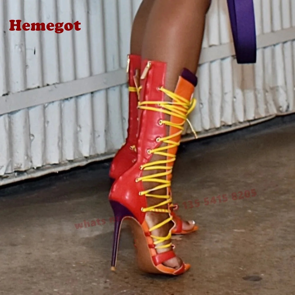 Gladiator Open Toe Stiletto Heels Straps Women's Sandals Splicing Lace-Up Sandals Hollow Out Multi-Color Summer Party Shoes Sexy