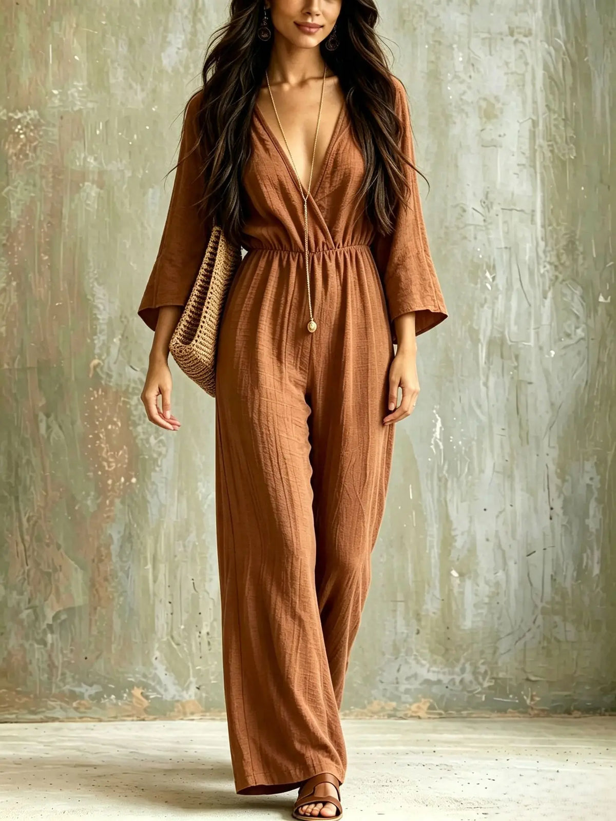 Women Sexy Deep V Neck Flare Sleeve Jumpsuits Spring Autumn Solid Crinkle High Waist Loose Casual Holiday Wide Leg Pants Romper