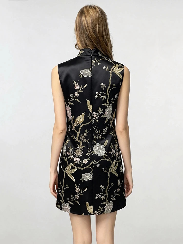 Elegant Black Stand Collar Frog Button Qipao Bird Beaded Jacquard Sleeveless Tank Dress for Women Autumn Party Vintage Chic Gown
