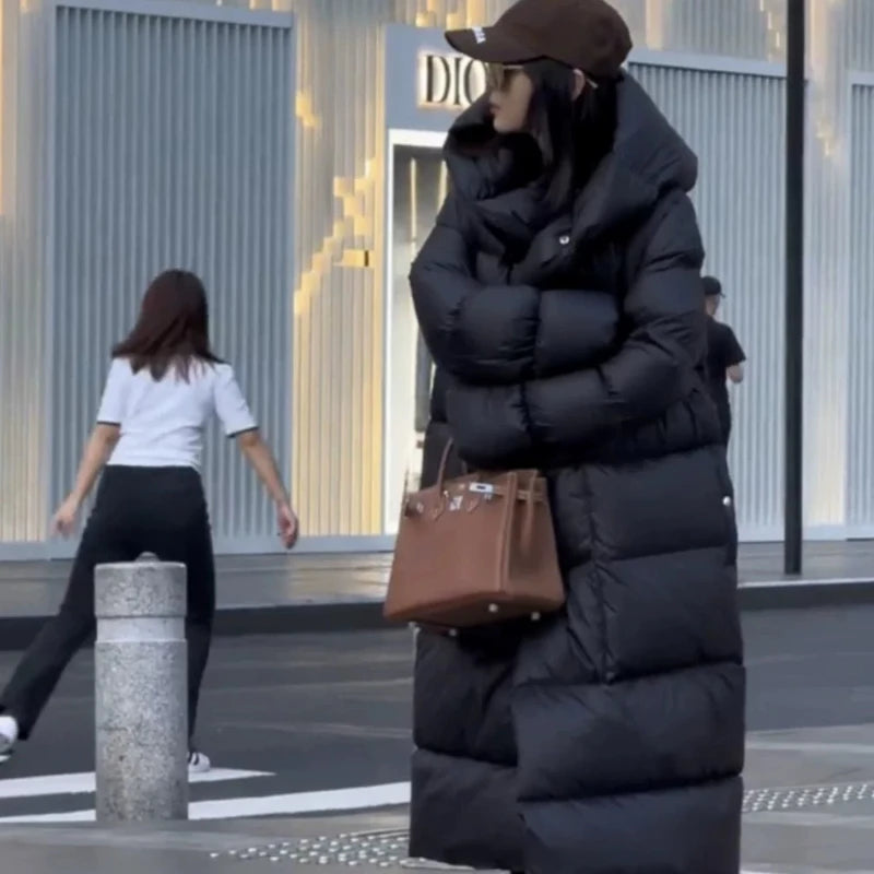 Knee Length Hooded Down Jacket for Women's Winter New Loose White Duck Down Thickened Warm Jacket 2024