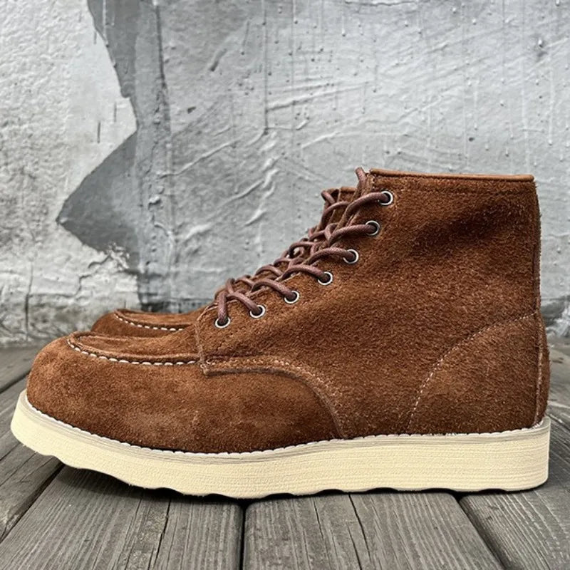 Retro Male Cow Suede Round Toe Hard Wearing Handmade Ankle Boots Leisure Genuine Leather Platform Solid Color Lace-Up Work Shoes