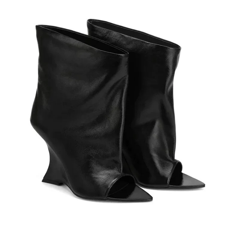 2006SoleLadies'-Spring/Summer-New-Fish-Mouth-Slope-High-Heel-Short-Boots-with-Pointed-Toe-Exposed-Cool-Boots,-Mid-Top-Boots