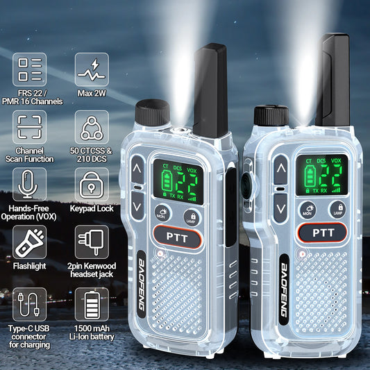 2pcs Baofeng T18 Mini Walkie Talkie Long Range PMR FRS Rechargable Portable Two Way Radio Type-C Charger VOX for Camping Trip