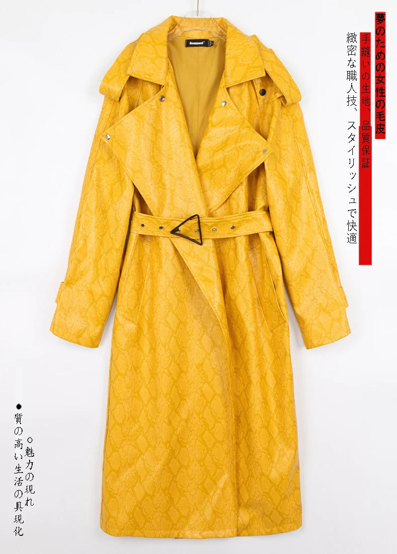 Nerazzurri Spring Autumn Long Oversized Colorful Snakeskin Print Patent Leather Trench Coat for Women Belt Runway Fashion 2022