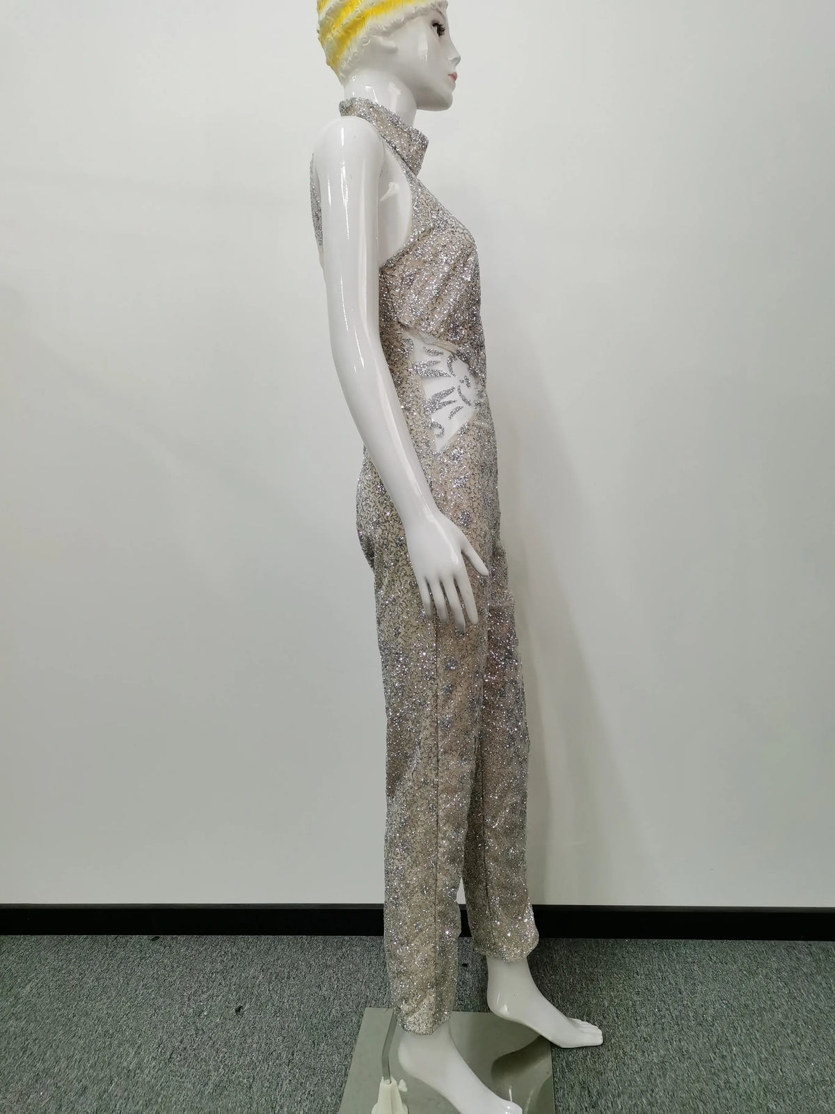 Women's Jumpsuit Sleeveless Halter Neck Jumpsuits Full Length Crystal Romper Fitted Waist Rhinestone Long Jumpsuit For Woman