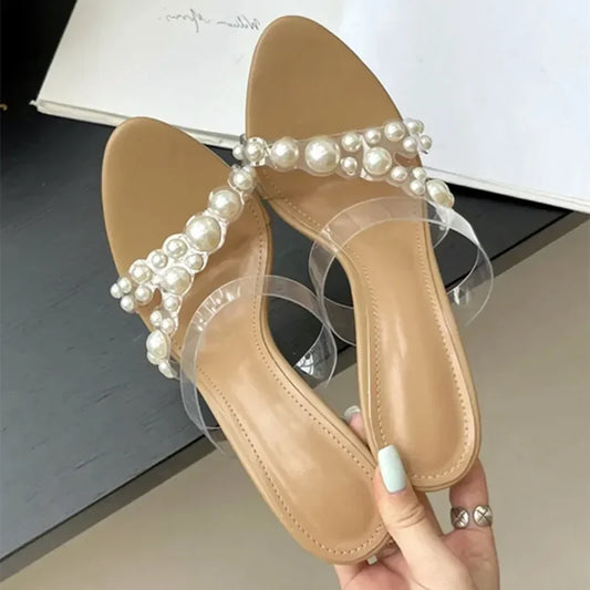 Luxury Brand Design String Bead PVC Transparent Slippers Women Summer High Heels Sandalias Fashion Open Toe Party Slide Sandals