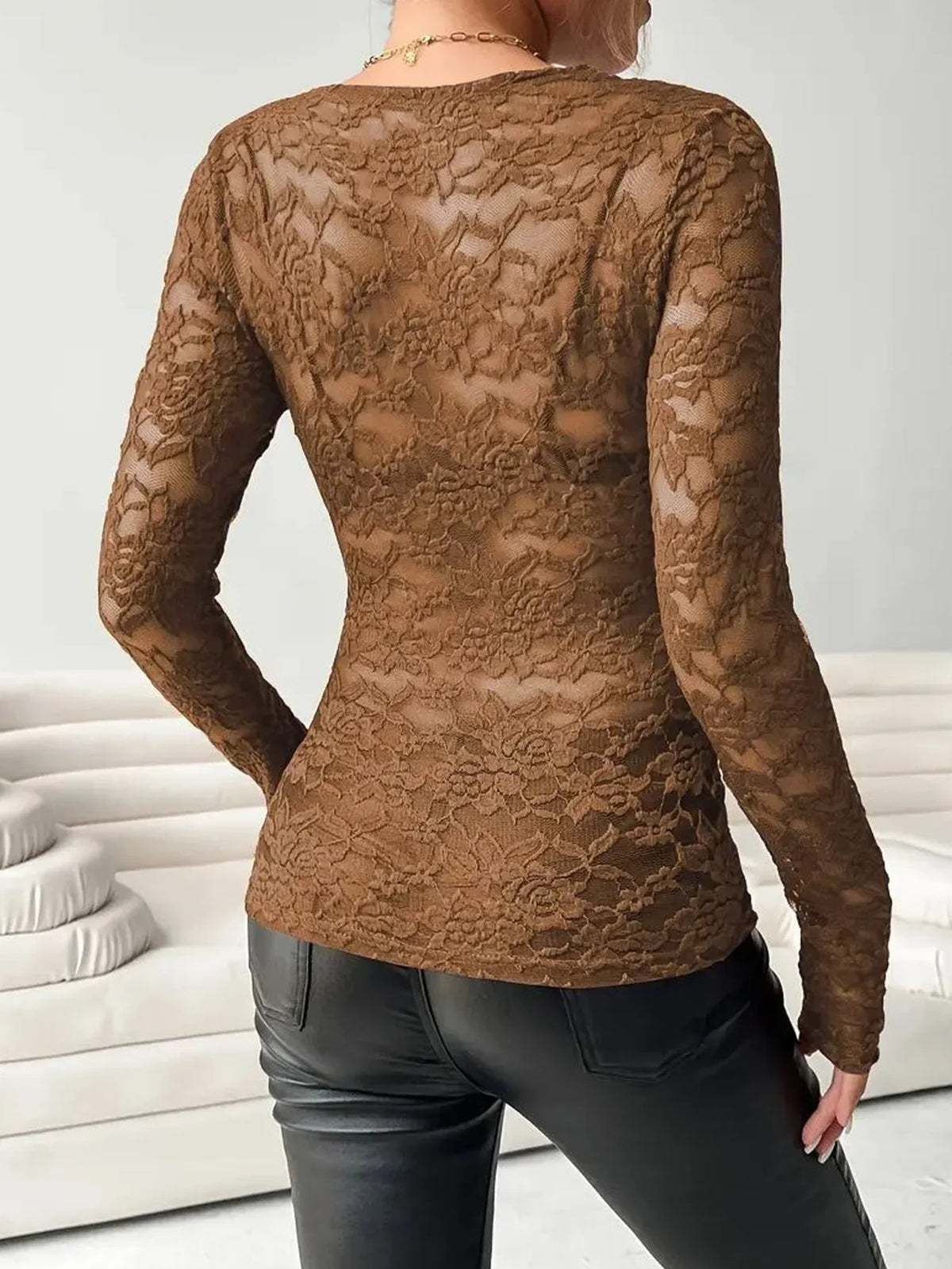 Women Lace V Neck Long Sleeve Sheer Mesh Floral Lace Top Slim Fit See Through Bodycon Jumpsuit for Party Clubwear Daily Wear