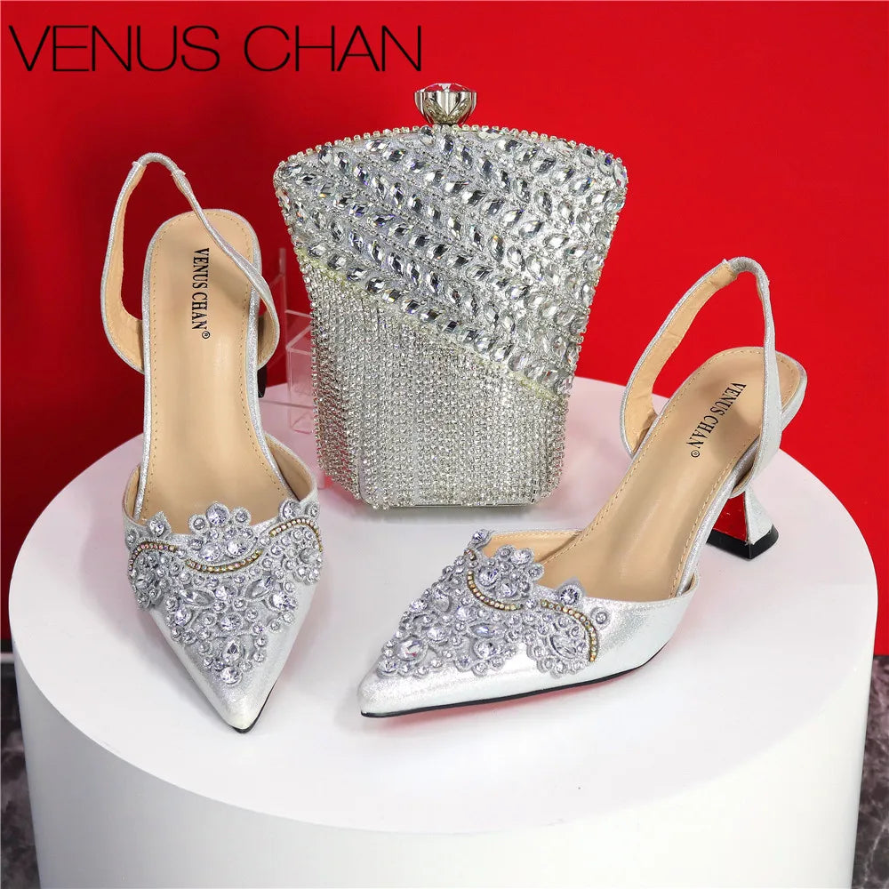 Exquisite 2024 Elegant Woman High Heels Peep Toe Shandals with Rhinestone Italian Design Shoes and Bags Set for Party