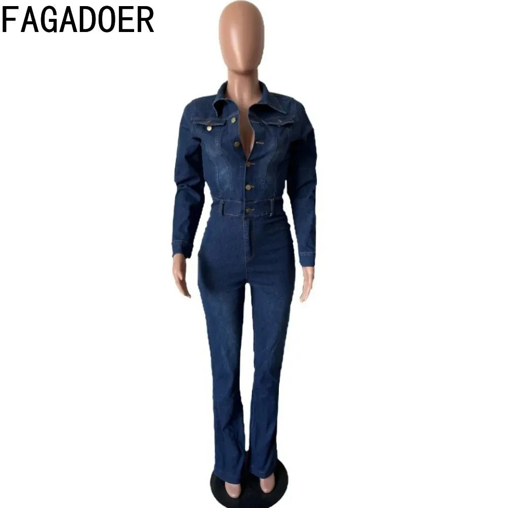 FAGADOER Fashion Denim Elastic Flared Pants Jumpsuits Women Turndown Collar Button Long Sleeve Playsuits Female Cowboy Overalls