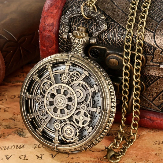 Vintage Hollow Steampunk Gear Design Quartz Pocket Watch with Necklace Pendant, World-Time Feature, Pointer Display Pocket Watch