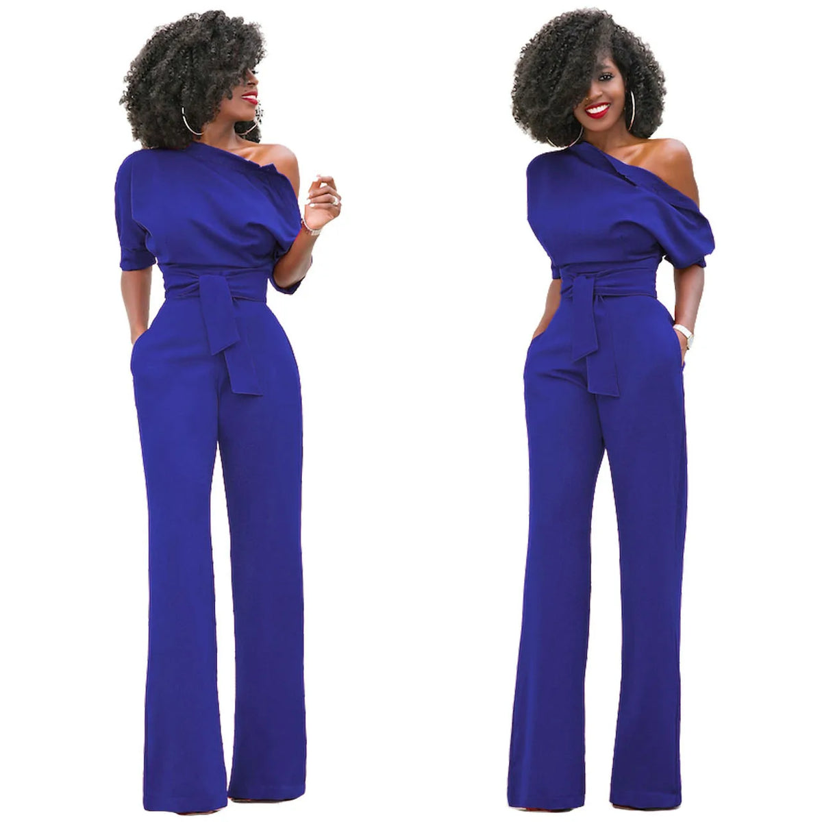 2024 Summer New Fashion Women's Jumpsuit Solid Color Slanted Shoulder Elegant Temperament Sleeveless Long Wide Leg Jumpsuit