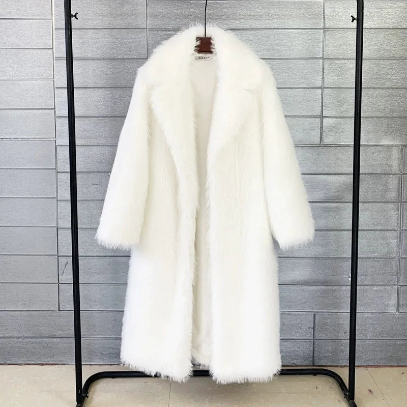 Women's Autumn Winter Long Maxi Faux Fur Coat Notched Lapel Collar Oversized Long Sleeve Pockets Thick Lady Warm Winter Overcoat