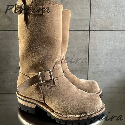 Metal Belt Buckle Sleeve Knight Boots for Men Retro Thick Soled Height Increasing Motorcycle Boots Autumn Winter Male Shoes