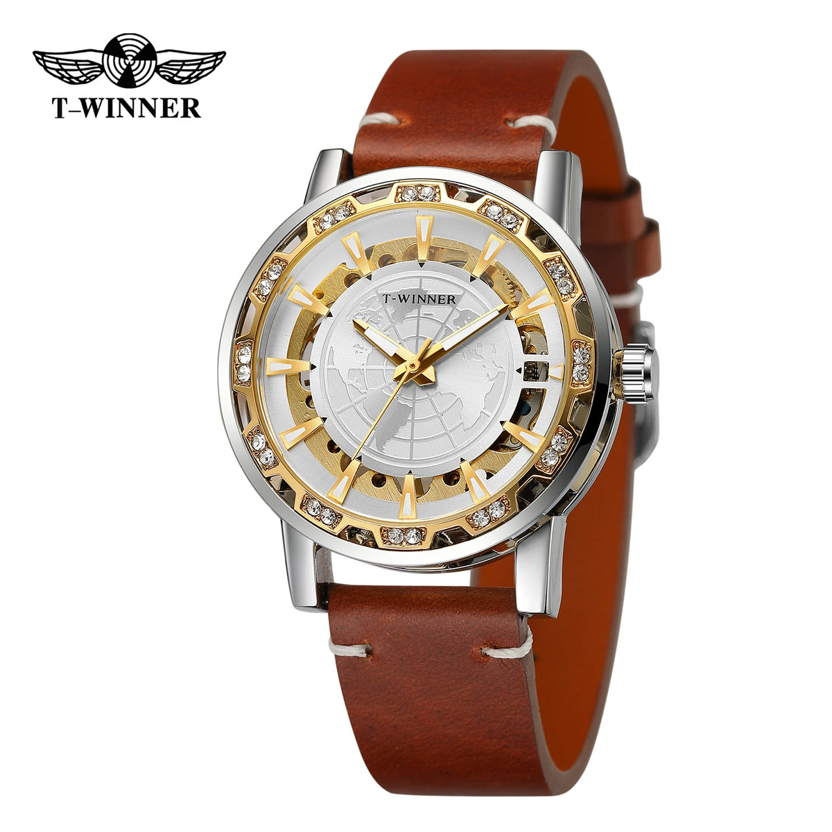 Winner Design World Map Transparent Skeleton Mechanical Watch for Men Fashion Diamond Luminous Luxury Leather Strap Unisex