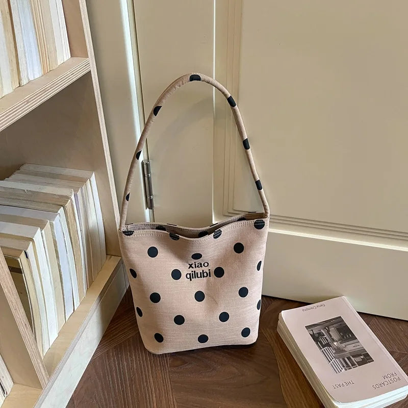 Korean Style Niche Linen Dot Shoulder Bag Women New Fashion Large Capacity Bucket Bag Casual Versatile Commuting Underarm Bag