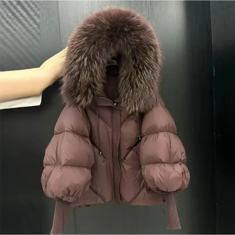 New Wool-neck Hooded Down Jacket Winter Thickened Warmth Loose Duck Down Coat Fashionable Simple Commuting Warm Women's Clothing