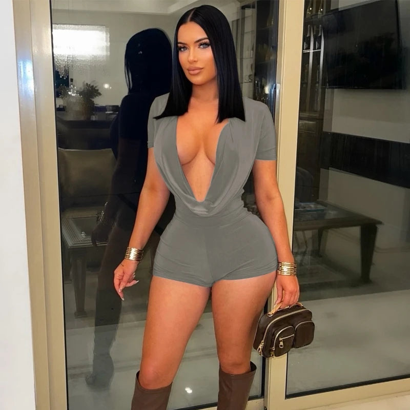 Sexy Deep V-neck Solid Bodycon Romper for Woman Jumpsuits Short Sleeve Skinny One Pieces Playsuit Club Party Combishort Femme