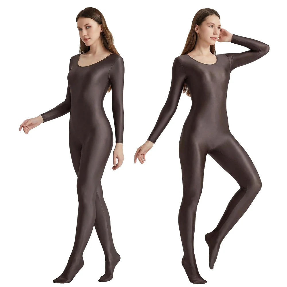 Women's Smooth Glossy High-Elastic Round Neck One Piece Catsuit Long Sleeve Zentai Jumpsuits Cosplay Performance Tights Bodysuit