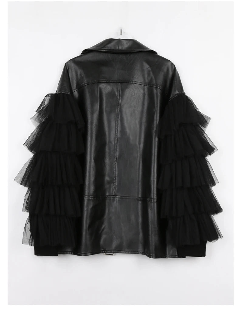 Nerazzurri Spring Autumn Loose Black Faux Leather Jacket Women with Lace Long Sleeves Zipper Belt Luxury Elegant Fashion 2022