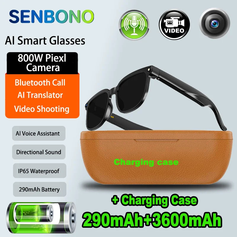 SENBONO NEW Smart Glasses with 800W Piexl Camera AI Translator Sunglasses Bluetooth Call Take Video Smart Glasses for Men Women