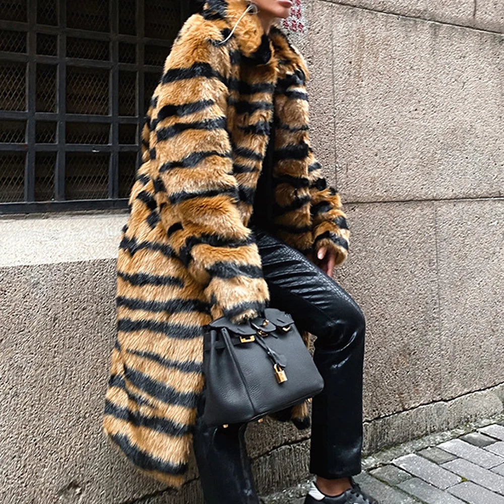 2026 Winter Plus Size Faux Fur Long Coat Women Tiger Long Sleeve Fluffy Jacket Ladies Large Thick Warm Furry Cardigan Outwear