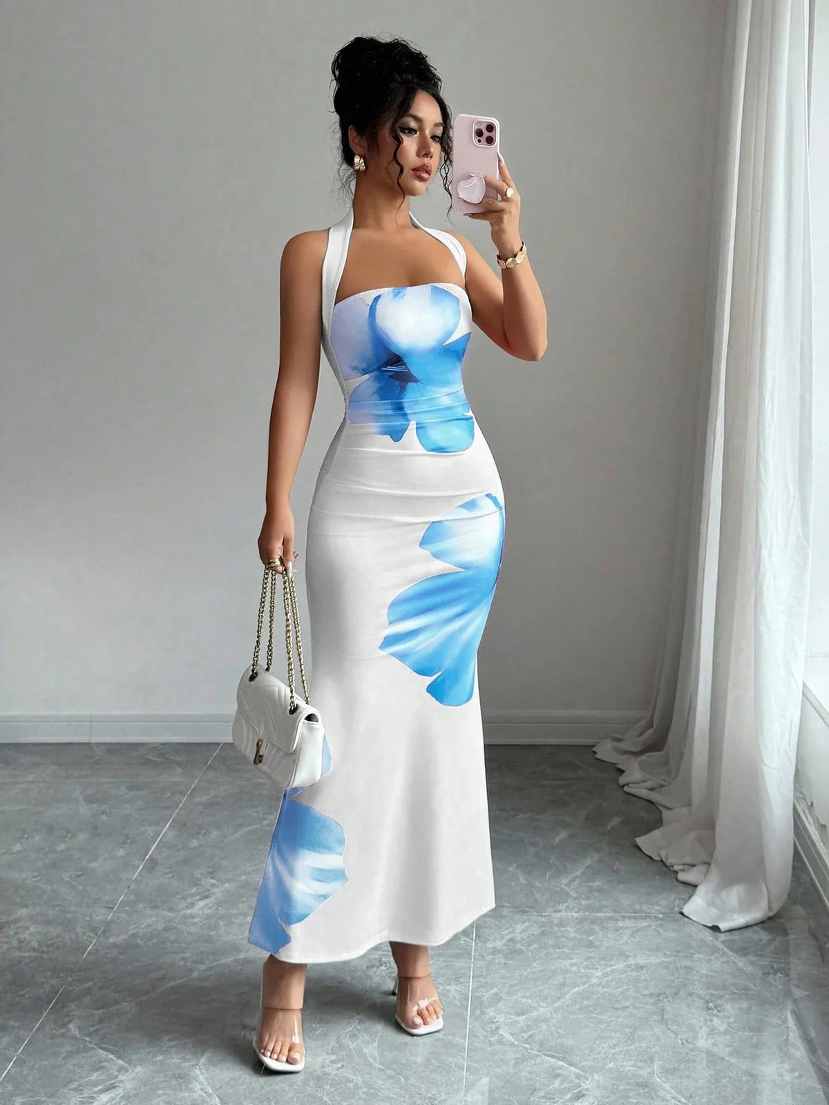 Women's 2026 New Popular Neck Halter Long Dress Hip-wrapped Printed Dress White Dress Birthday Dress for Women Summer Dress