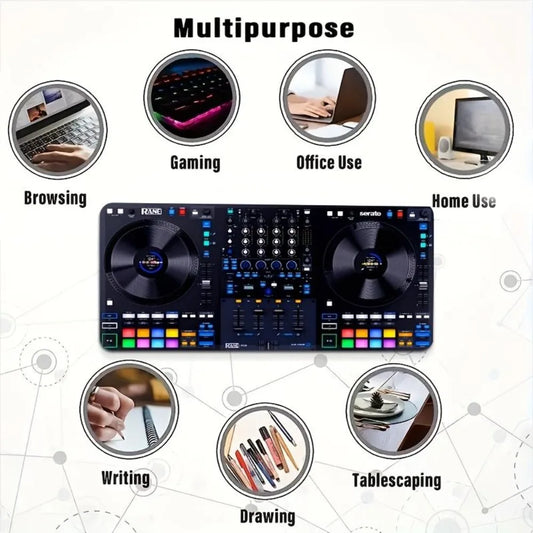 A large mouse pad with a blue DJ table design, in a rectangular shape desk accessories desk organizers and trays tapis de souris