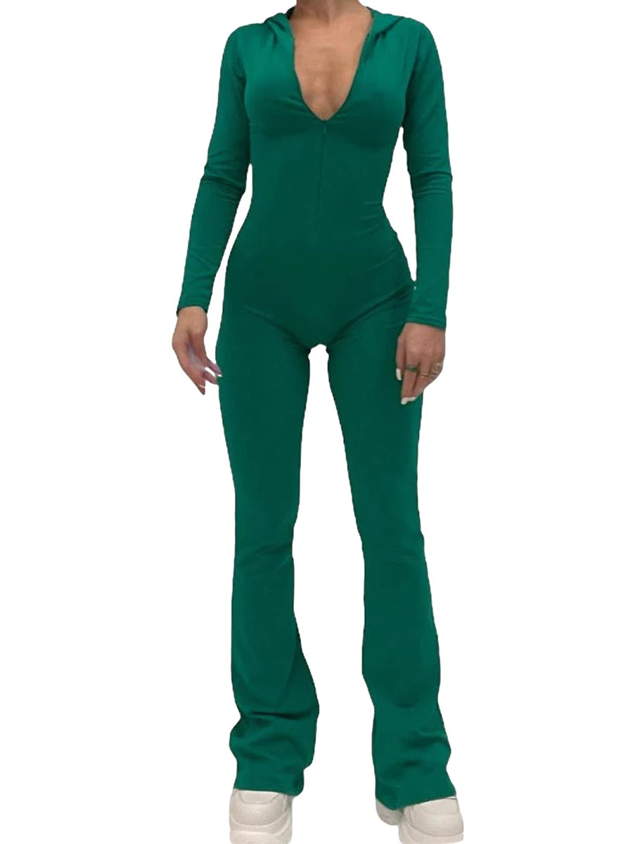 Women's Zip Up Hooded Jumpsuit New Streetwear Flare Rompers Solid Color Skinny Long Sleeve Jumpsuits Luxury Clothes Women Hot