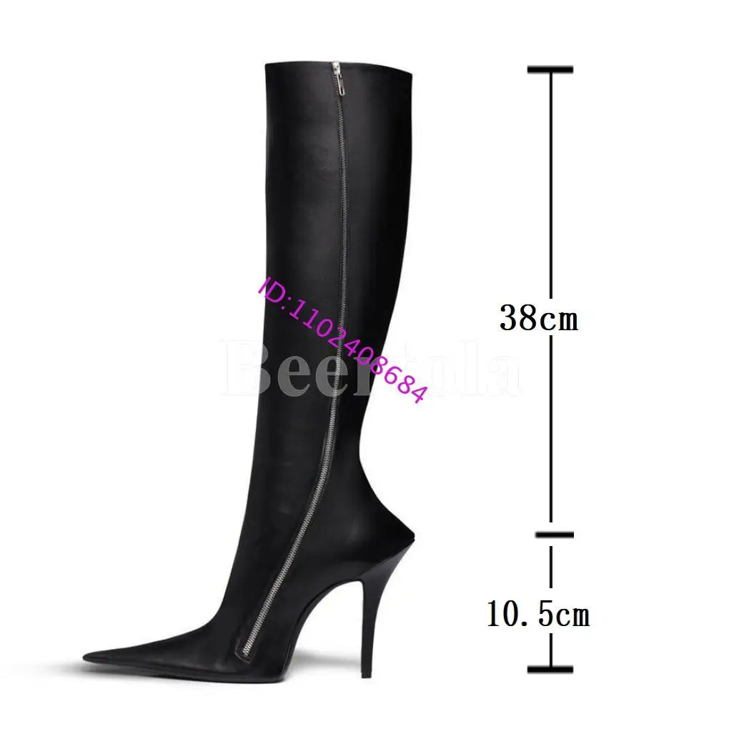Black Leather Pointed Toe Ankle Boots Woman High Heels Stiletto Side Shaped Zipper Knee-High Boots Lady Sexy Boots