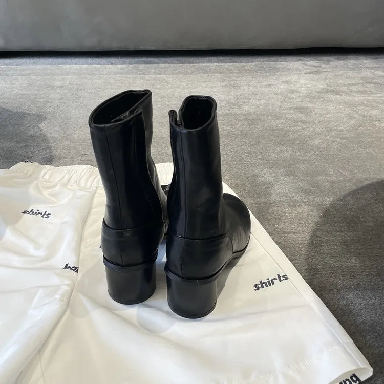 2025 Design Leather Tabi Boots Fashion Round Toe Chunky Mid Calf Boots Autumn Winter Split Toe Shoes