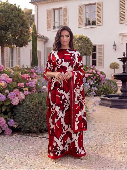Boho Large Leaf Floral Print Satin Abaya Scarf Set, Loose Batwing Maxi Kaftan For Muslim Women Summer Beach Daily Holiday Wear
