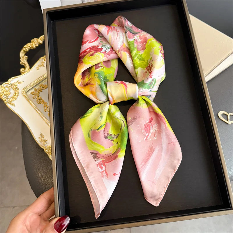 70cm Silk Square Scarf for Women Elegant Printed Neckerchief Sunscreen Shawl Headscarf for Office Commute Bandana and Bag Ribbon