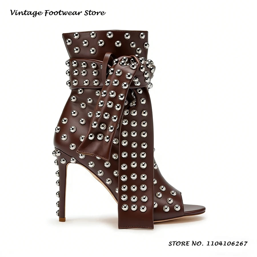 Studded Embellished Summer Boots Chic Round Open Toe Thin Heels Party Outfits Shoes Women's Fashion Casual Lace-up Ankle Boots