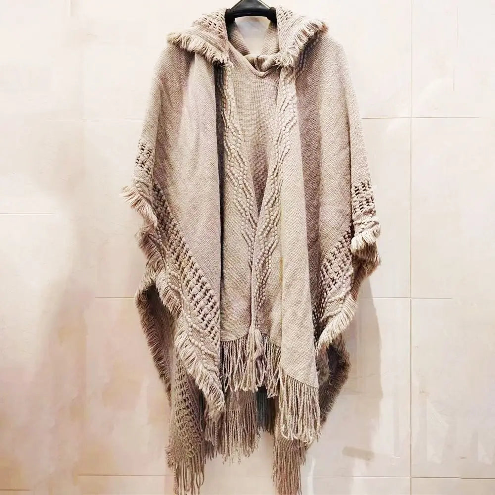 Wedding Party Cloak Hooded Knitted Shawl Bohemian Winter Warm Ladies Tassel Cape Oblique Stripe Wraps Scarf Coat