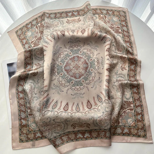 Luxury Satin Paisley Print Silk Scarf Bohemian Multi-Use Shawl High-Quality Bandana Edge Headscarf Commuting Travel Decorative